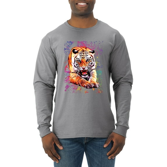 Wild Bobby, Tiger Growling Colorful Trippy Tie Dye Animal Lover Mens Long Sleeve Shirt, Heather Grey, 3XL