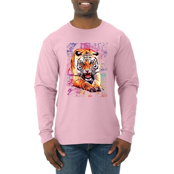 Wild Bobby, Tiger Growling Colorful Trippy Tie Dye Animal Lover Mens Long Sleeve Shirt, Light Pink, 3XL