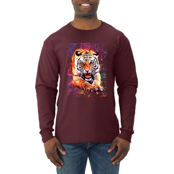 Wild Bobby, Tiger Growling Colorful Trippy Tie Dye Animal Lover Mens Long Sleeve Shirt, Maroon, Large