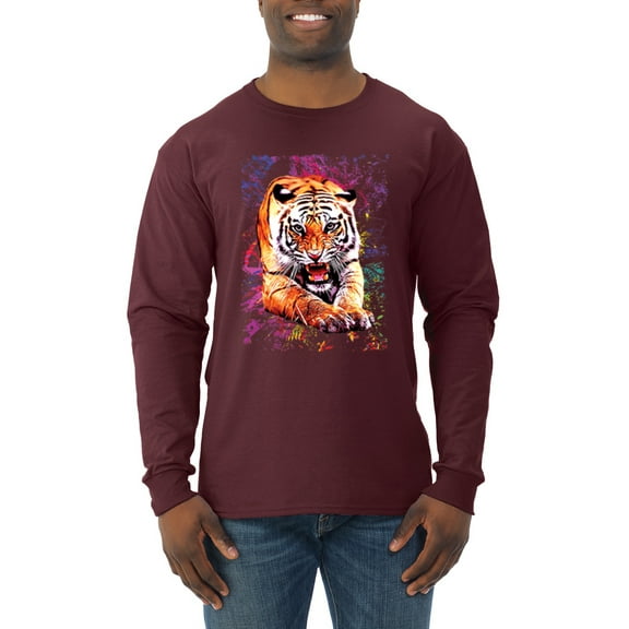 Wild Bobby, Tiger Growling Colorful Trippy Tie Dye Animal Lover Mens Long Sleeve Shirt, Maroon, X-Large