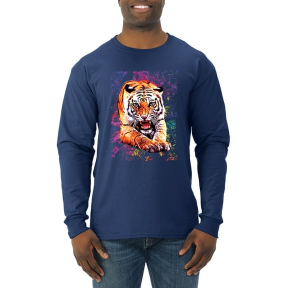 Wild Bobby, Tiger Growling Colorful Trippy Tie Dye Animal Lover Mens Long Sleeve Shirt, Navy, Large