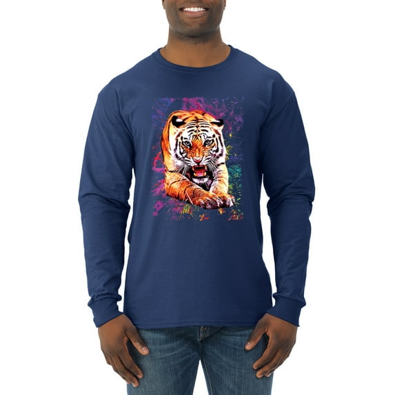 Wild Bobby, Tiger Growling Colorful Trippy Tie Dye Animal Lover Mens Long Sleeve Shirt, Navy, Small