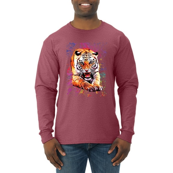 Wild Bobby, Tiger Growling Colorful Trippy Tie Dye Animal Lover Mens Long Sleeve Shirt, Vintage Heather Red, Large
