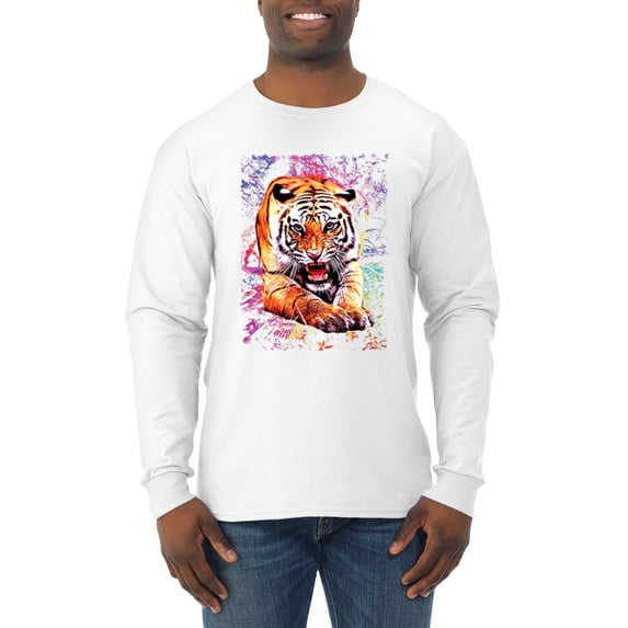 Wild Bobby, Tiger Growling Colorful Trippy Tie Dye Animal Lover Mens Long Sleeve Shirt, White, Small