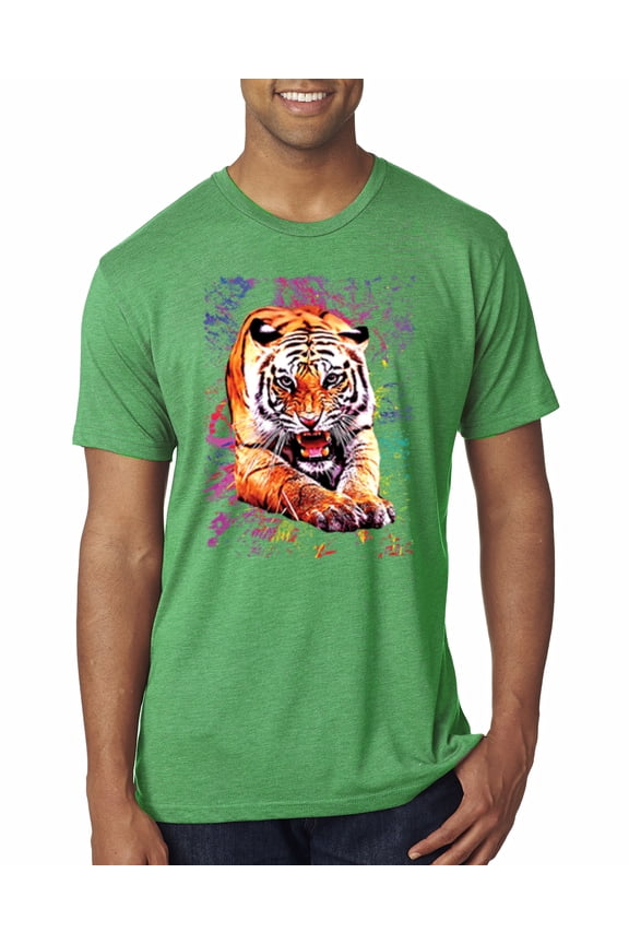 , Tiger Growling Colorful Trippy Tie Dye Animal Lover Mens Premium Tri Blend T-Shirt, Envy, Large