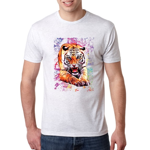 Wild Bobby, Tiger Growling Colorful Trippy Tie Dye Animal Lover Mens Premium Tri Blend T-Shirt, Heather White, Medium