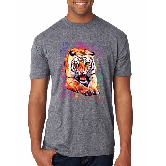 Wild Bobby, Tiger Growling Colorful Trippy Tie Dye Animal Lover Mens Premium Tri Blend T-Shirt, Premium Heather, Small