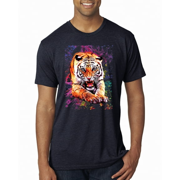 Wild Bobby, Tiger Growling Colorful Trippy Tie Dye Animal Lover Mens Premium Tri Blend T-Shirt, Vintage Navy, Small
