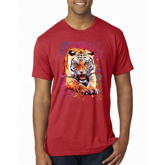 Wild Bobby, Tiger Growling Colorful Trippy Tie Dye Animal Lover Mens Premium Tri Blend T-Shirt, Vintage Red, X-Large