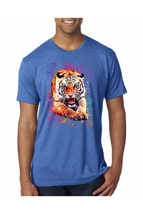 , Tiger Growling Colorful Trippy Tie Dye Animal Lover Mens Premium Tri Blend T-Shirt, Vintage Royal, Small
