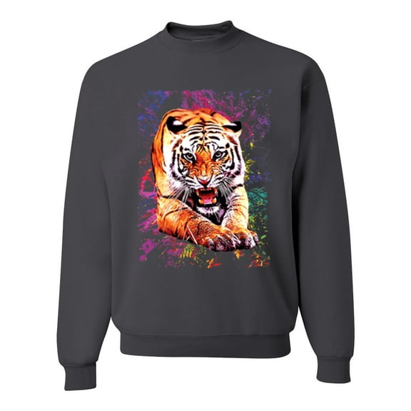 Wild Bobby, Tiger Growling Colorful Trippy Tie Dye Animal Lover Unisex Crewneck Graphic Sweatshirt, Charcoal, Small