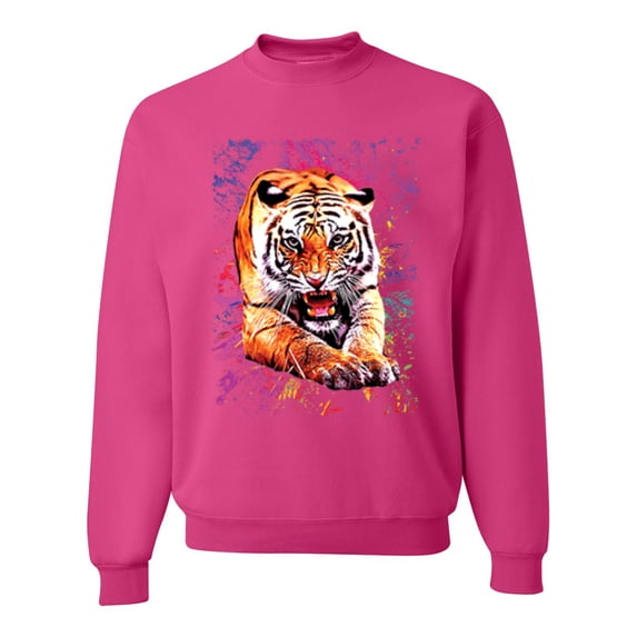 Wild Bobby, Tiger Growling Colorful Trippy Tie Dye Animal Lover Unisex Crewneck Graphic Sweatshirt, Fuschia, 2XL