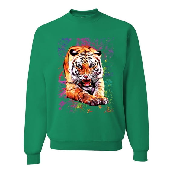 Wild Bobby, Tiger Growling Colorful Trippy Tie Dye Animal Lover Unisex Crewneck Graphic Sweatshirt, Kelly, Medium