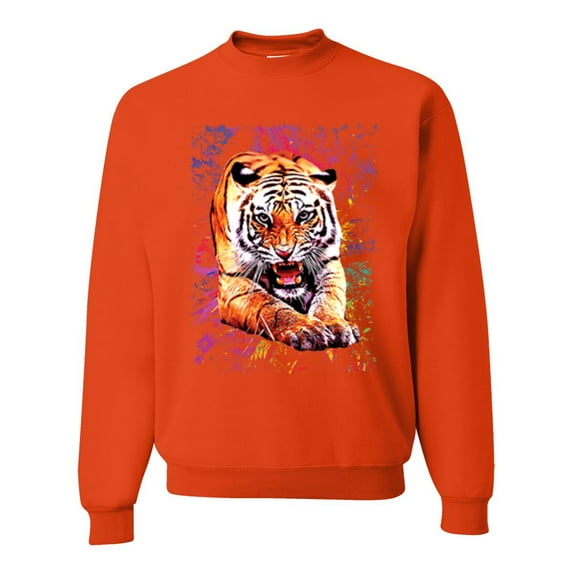 Wild Bobby, Tiger Growling Colorful Trippy Tie Dye Animal Lover Unisex Crewneck Graphic Sweatshirt, Orange, 2XL