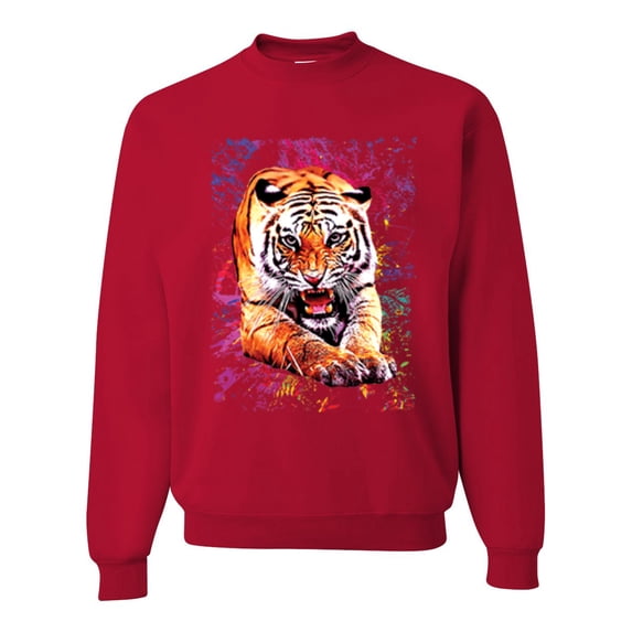 Wild Bobby, Tiger Growling Colorful Trippy Tie Dye Animal Lover Unisex Crewneck Graphic Sweatshirt, Red, 4XL