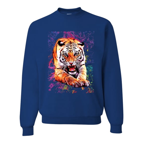 Wild Bobby, Tiger Growling Colorful Trippy Tie Dye Animal Lover Unisex Crewneck Graphic Sweatshirt, Royal, Large