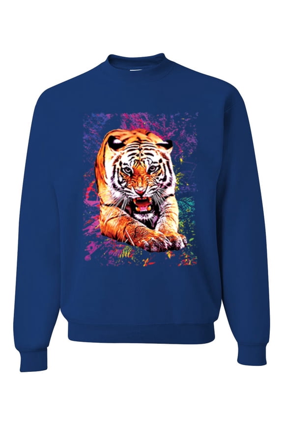 , Tiger Growling Colorful Trippy Tie Dye Animal Lover Unisex Crewneck Graphic Sweatshirt, Royal, Medium