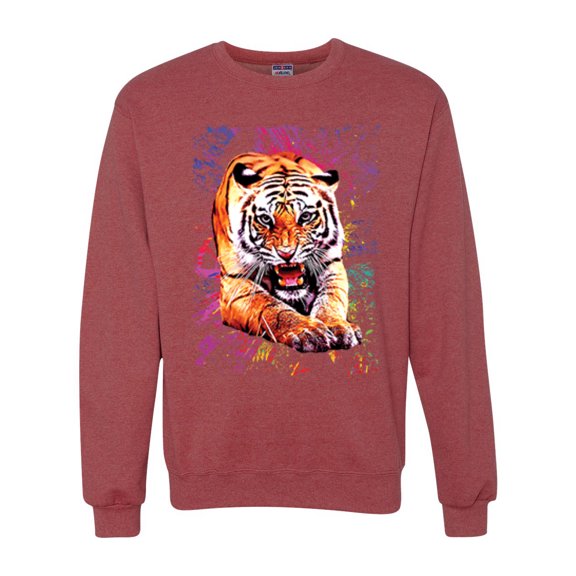 Wild Bobby, Tiger Growling Colorful Trippy Tie Dye Animal Lover Unisex Crewneck Graphic Sweatshirt, Vintage Heather Red, Small