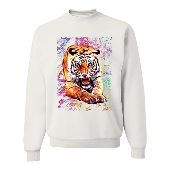 Wild Bobby, Tiger Growling Colorful Trippy Tie Dye Animal Lover Unisex Crewneck Graphic Sweatshirt, White, 3XL
