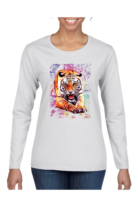 , Tiger Growling Colorful Trippy Tie Dye Animal Lover Womens Graphic Long Sleeve T-Shirt, White, Medium