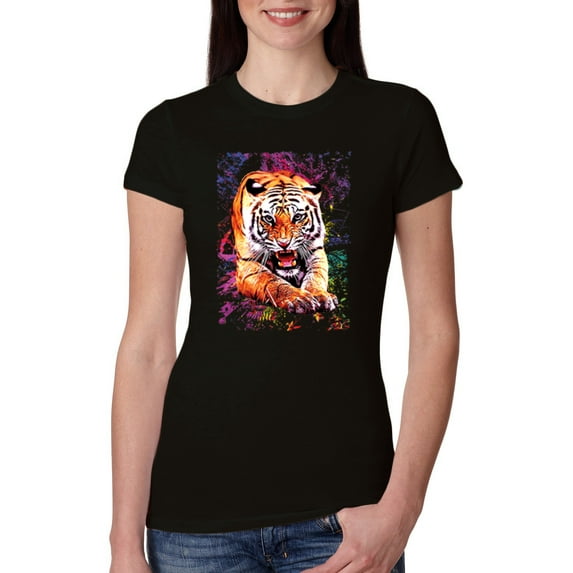 Tiger Growling Colorful Trippy Tie Dye Animal Lover Womens Slim Fit Junior Tee, Black, Small