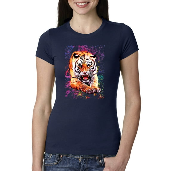 Wild Bobby, Tiger Growling Colorful Trippy Tie Dye Animal Lover Womens Slim Fit Junior Tee, Navy, Small