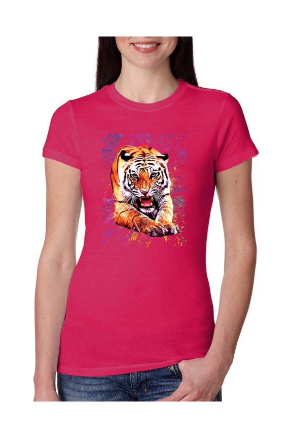 , Tiger Growling Colorful Trippy Tie Dye Animal Lover Womens Slim Fit Junior Tee, Raspberry, Medium