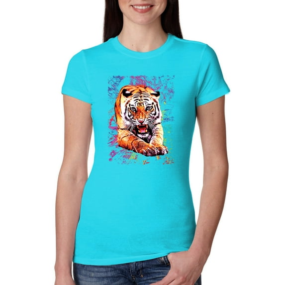 Wild Bobby, Tiger Growling Colorful Trippy Tie Dye Animal Lover Womens Slim Fit Junior Tee, Tahiti Blue, X-Large