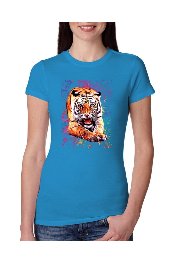 , Tiger Growling Colorful Trippy Tie Dye Animal Lover Womens Slim Fit Junior Tee, Turquoise, Small
