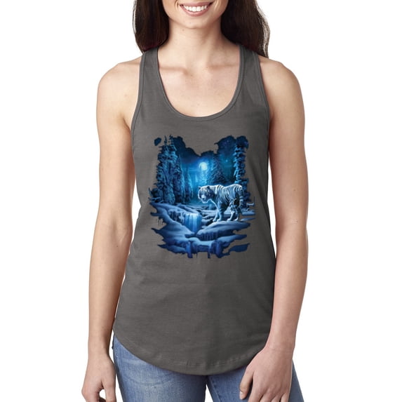 Wild Bobby, Tiger In The Snowy Night Animal Lover Ladies Racerback Tank Top, Dark Grey, X-Large