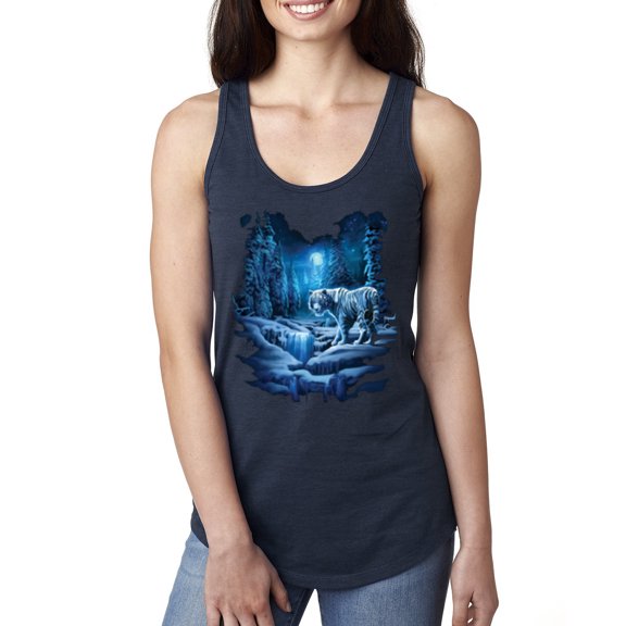 Wild Bobby, Tiger In The Snowy Night Animal Lover Ladies Racerback Tank Top, Navy, Small