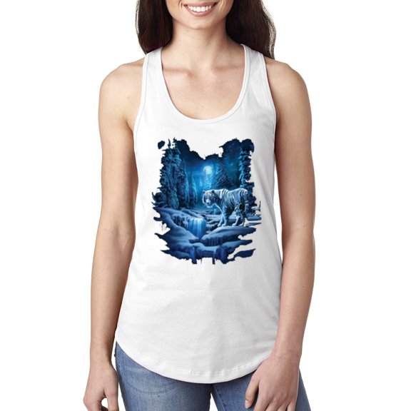 Wild Bobby, Tiger In The Snowy Night Animal Lover Ladies Racerback Tank Top, White, Large