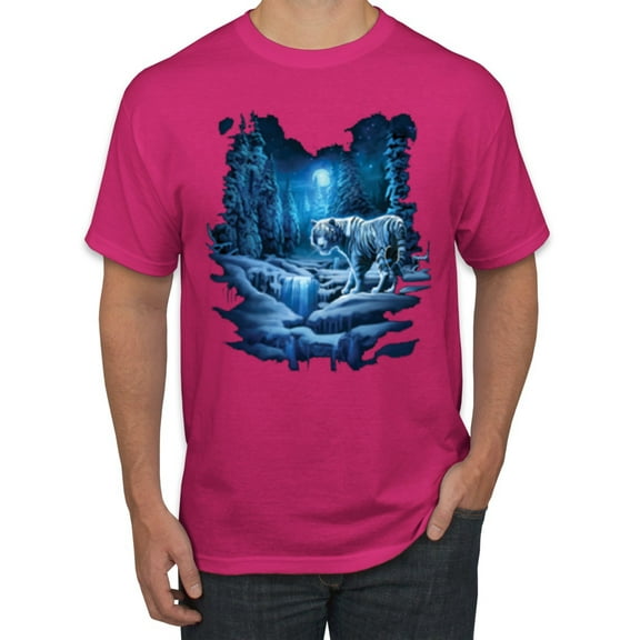 Wild Bobby, Tiger In The Snowy Night Animal Lover Men's Graphic T-Shirt, Fuschia, X-Large
