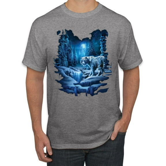Wild Bobby, Tiger In The Snowy Night Animal Lover Men's Graphic T-Shirt, Heather Grey, 2XL