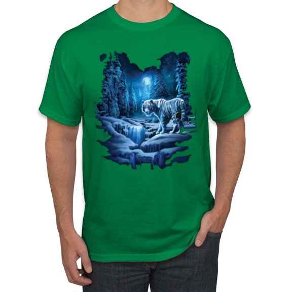 Wild Bobby, Tiger In The Snowy Night Animal Lover Men's Graphic T-Shirt, Kelly, 2XL