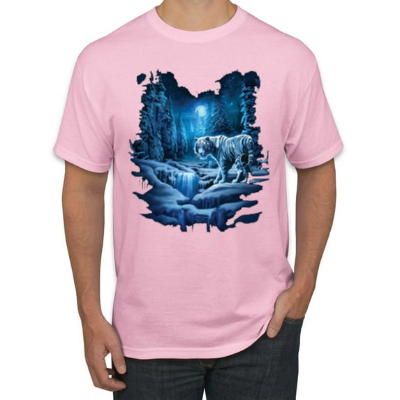 Wild Bobby, Tiger In The Snowy Night Animal Lover Men's Graphic T-Shirt, Light Pink, X-Large