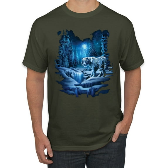 Wild Bobby, Tiger In The Snowy Night Animal Lover Men's Graphic T-Shirt, Military Green, 5XL