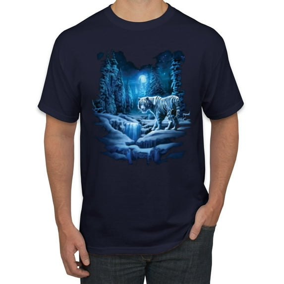 Wild Bobby, Tiger In The Snowy Night Animal Lover Men's Graphic T-Shirt, Navy, Small