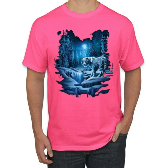 Wild Bobby, Tiger In The Snowy Night Animal Lover Men's Graphic T-Shirt, Neon Pink, X-Large