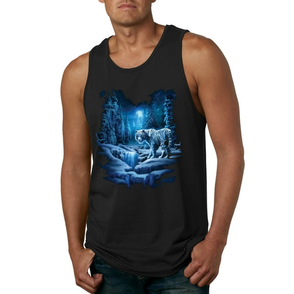 Wild Bobby, Tiger In The Snowy Night Animal Lover Mens Graphic Tank Top, Black, Small