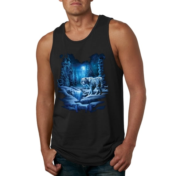 Wild Bobby, Tiger In The Snowy Night Animal Lover Mens Graphic Tank Top, Black, X-Large
