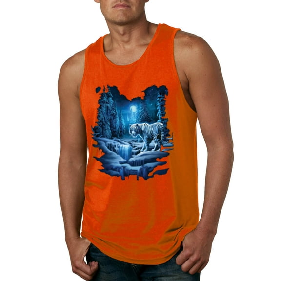 Wild Bobby, Tiger In The Snowy Night Animal Lover Mens Graphic Tank Top, Orange, 2XL
