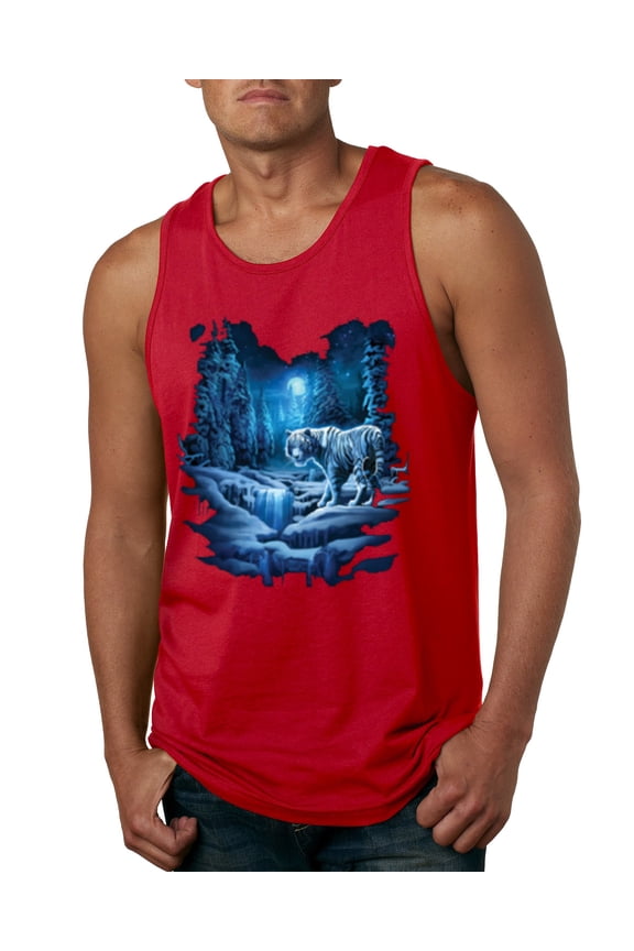 , Tiger In The Snowy Night Animal Lover Mens Graphic Tank Top, Red, 3XL