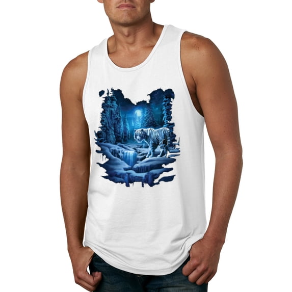 Wild Bobby, Tiger In The Snowy Night Animal Lover Mens Graphic Tank Top, White, X-Large