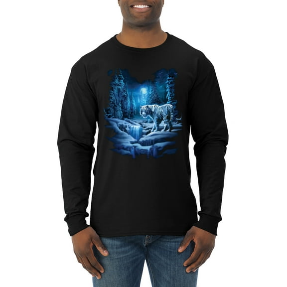 Wild Bobby, Tiger In The Snowy Night Animal Lover Mens Long Sleeve Shirt, Black, Small