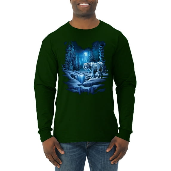 Wild Bobby, Tiger In The Snowy Night Animal Lover Mens Long Sleeve Shirt, Forest Green, 2XL