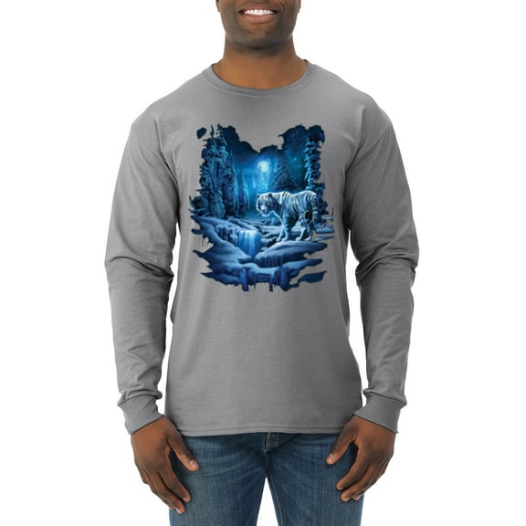 Wild Bobby, Tiger In The Snowy Night Animal Lover Mens Long Sleeve Shirt, Heather Grey, X-Large