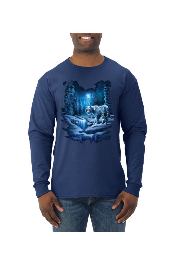 , Tiger In The Snowy Night Animal Lover Mens Long Sleeve Shirt, Navy, Small