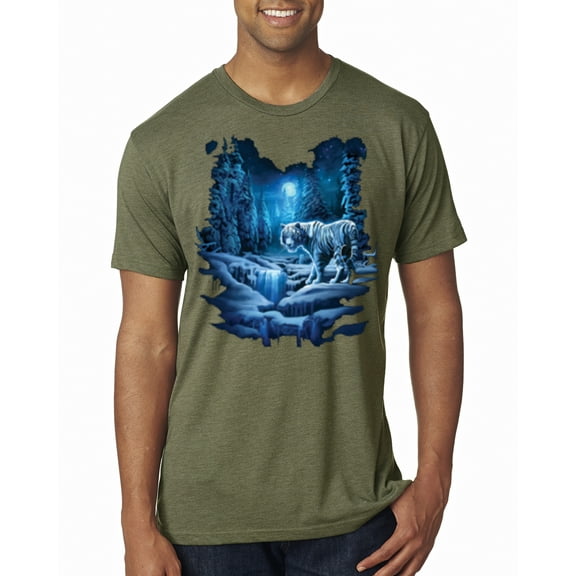 Wild Bobby, Tiger In The Snowy Night Animal Lover Mens Premium Tri Blend T-Shirt, Military Green, X-Large