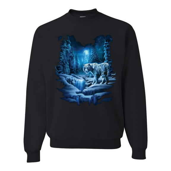 Wild Bobby, Tiger In The Snowy Night Animal Lover Unisex Crewneck Graphic Sweatshirt, Black, 2XL